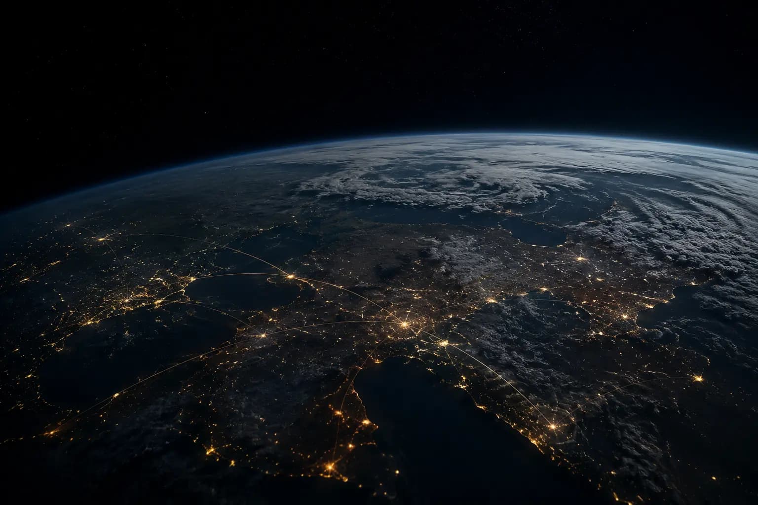 Horizon nocturne de la Terre relié par des routes internationales
